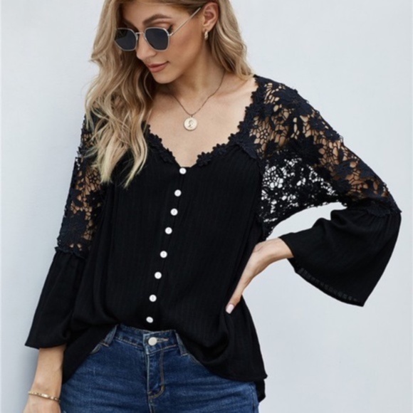 Boho Black Floral Embroidered Crochet Lace Button Up top - Picture 4 of 5